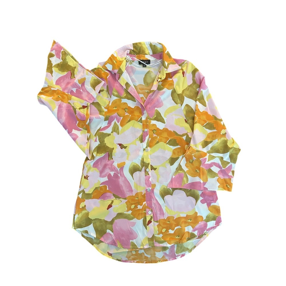 GIGIO USA Floral Button Down Blouse Pink Orange Bell Sleeve TA2140 Large (0023)